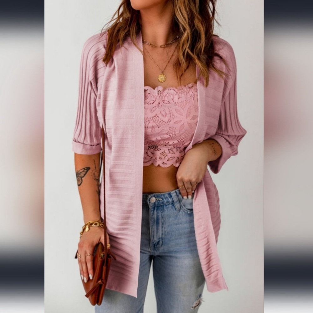 Open Front 3/4 Pink Cardigan Sweater Blouse